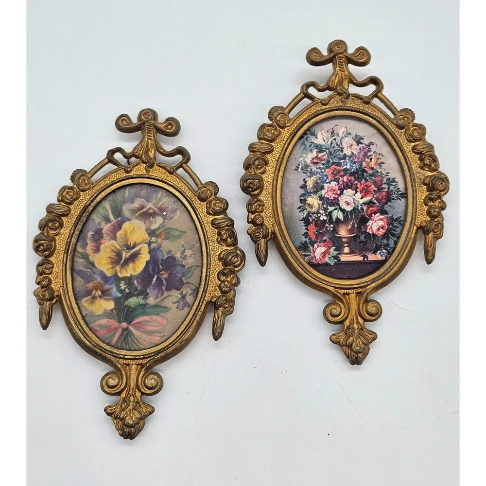 Vintage Ornate Gold Floral Wall Art Set of 2 Oval Frames Pansies Roses 6in